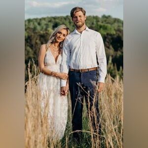 Lulus Ivywood White and Beige Embroidered Lace Backless Maxi Dress Wedding